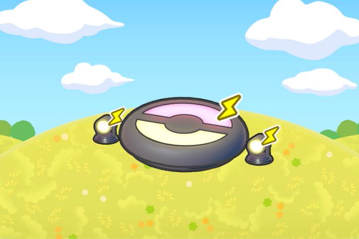 A Poké Ball-shaped stage with lights in Pokopia.
