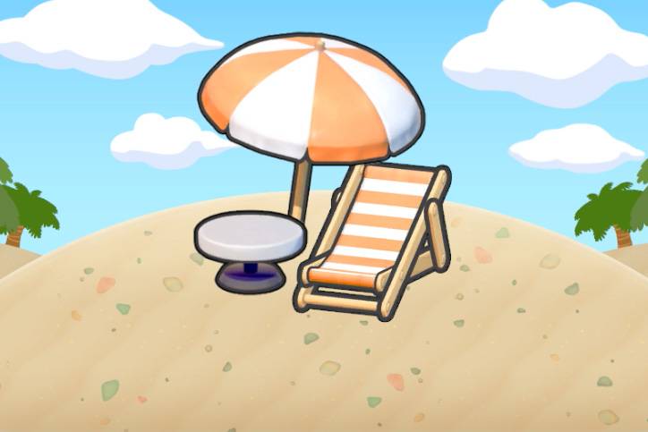A beach chair with a table and umbrella in Pokopia.