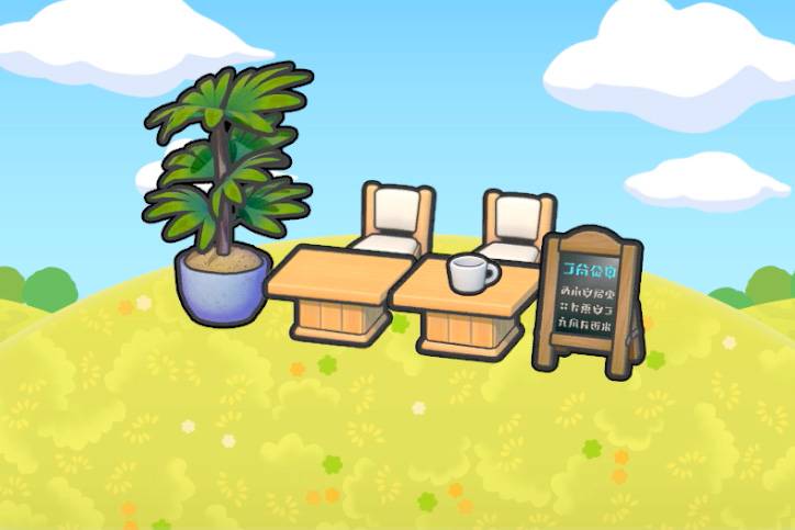 Some chairs behind a counter with a potted plant and a menu in Pokopia.