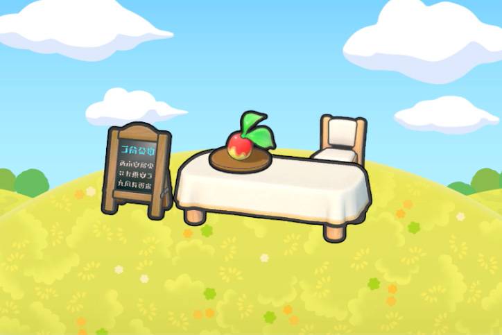 A table with a plated Leppa Berry and a menu in Pokopia.