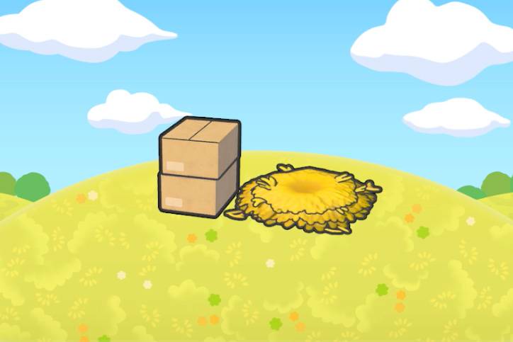 Some boxes by a straw bed in Pokopia.