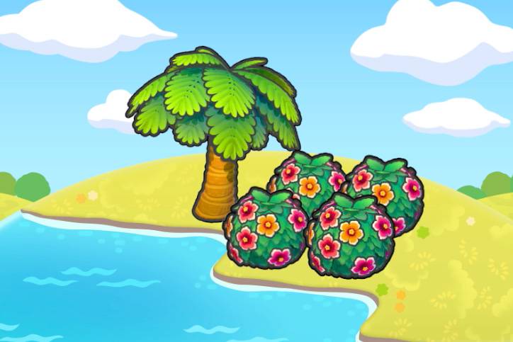Some hibiscus bushes next to a palm tree and water in Pokopia.