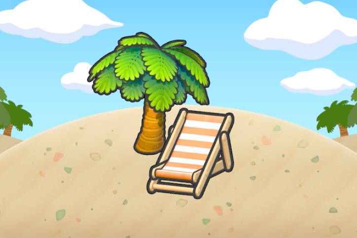 A beach chair under a palm tree in Pokopia.