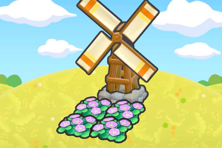 Purple tropical flowers under a windmill in Pokopia.