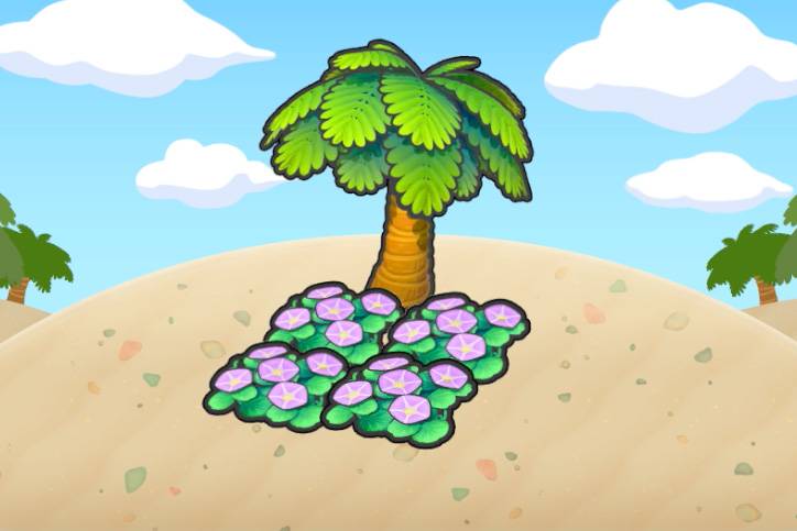 Purple tropical flowers under a palm tree in Pokopia.