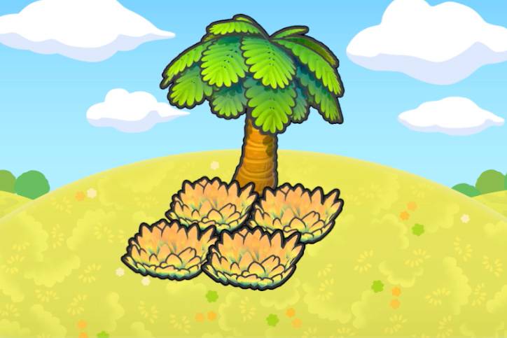 Yellow grass under a palm tree in Pokopia.