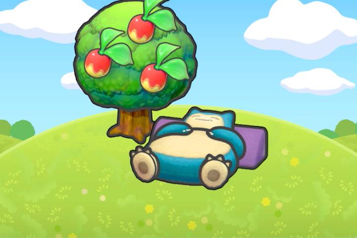 A Snorlax-shaped bed under a Leppa Berry tree in Pokopia.