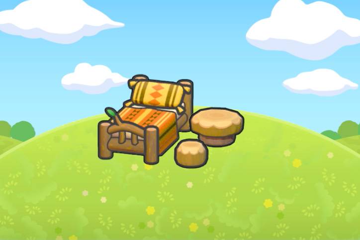 Assorted log furniture in Pokopia.