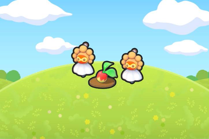 Sunny Castform dolls next to a plated Leppa Berry in Pokopia.