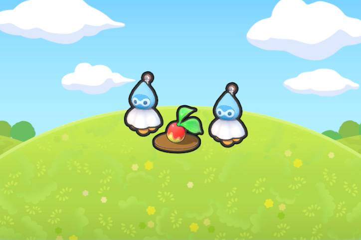 Rainy Castform dolls next to a plated Leppa Berry in Pokopia.