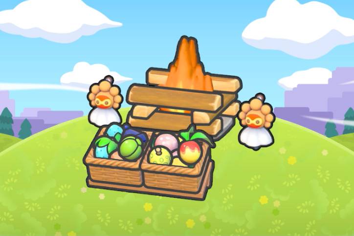 A basket of berries by a large fire pit with Castform dolls in Pokopia.