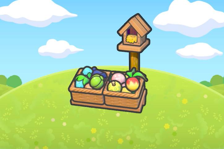 A basket of berries in front of a birdhouse in Pokopia.