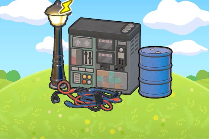 A pile of old electrical stuff next to a streetlight in Pokopia.