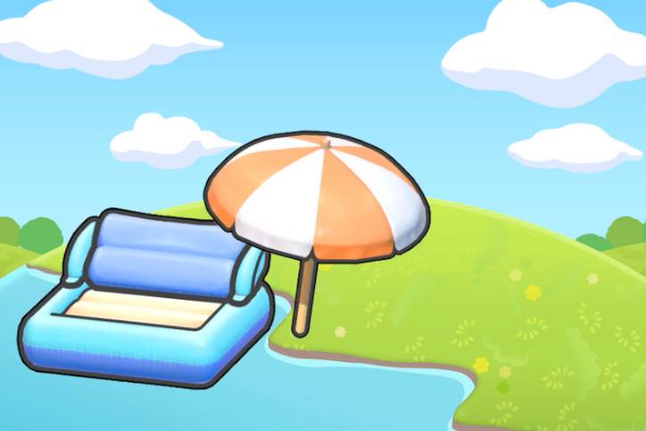 An umbrella and a floaty in the water in Pokopia.