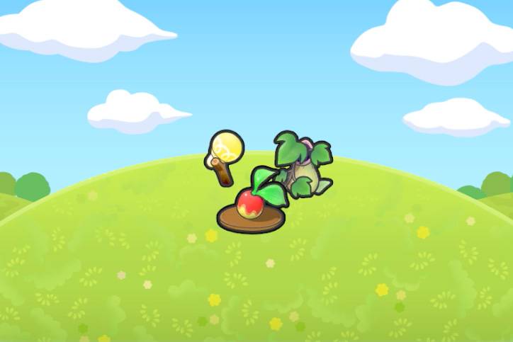 A potted plant next to a plated Leppa Berry and lamp in Pokopia.