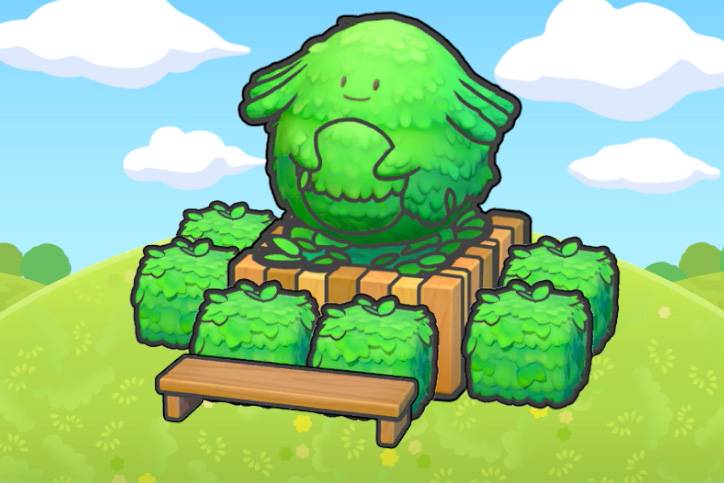 Square hedges around a Chansey-shaped hedge in Pokopia.