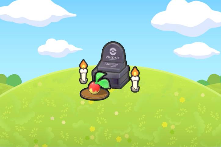 A grave with a Leppa Berry in front and two candles in Pokopia.