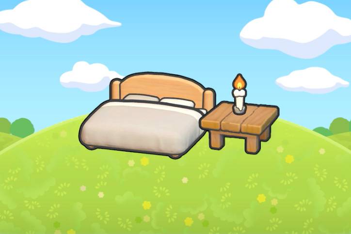 A bed with a candle on a table in Pokopia.