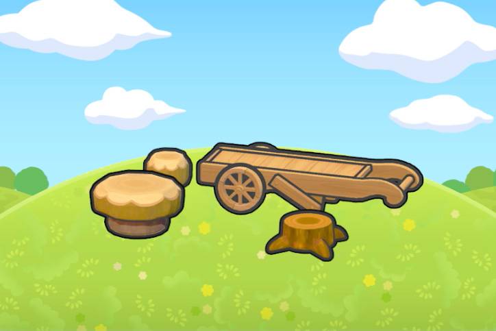 A cart by a tree stump and some wooden furniture in Pokopia.