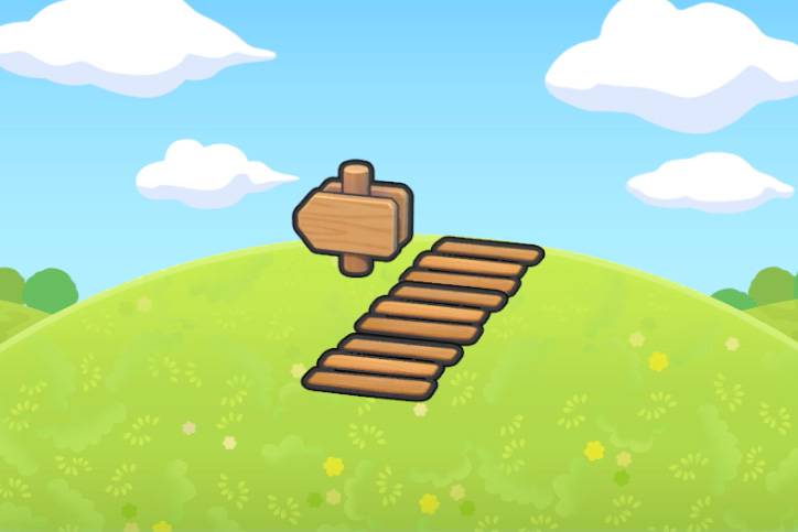 A wooden path next to an arrow-shaped sign