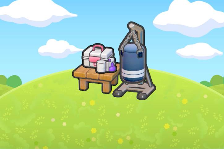 A first aid kit on a table next to a punching bag in Pokopia.
