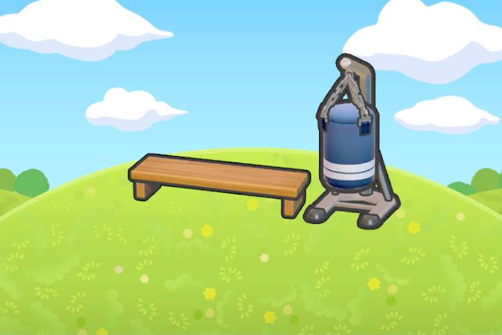 A bench next to a punching bag in Pokopia.