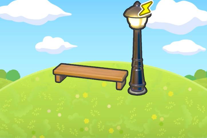 A bench next to a lamp post  in Pokopia.