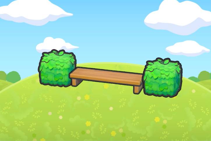 A bench surrounded by two shrubs in Pokopia.