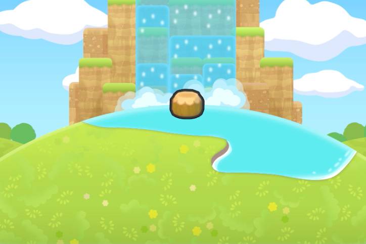 A wooden stool at the bottom of a waterfall in Pokopia.