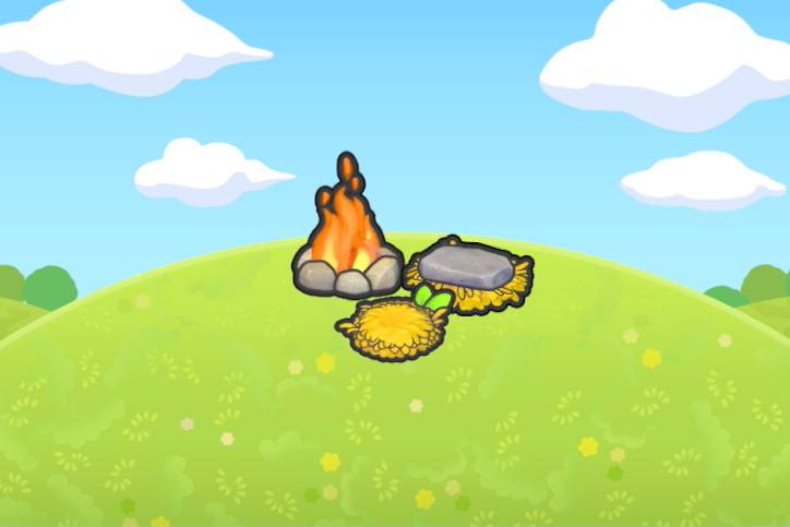 A campsite with some straw furniture nearby in Pokopia.