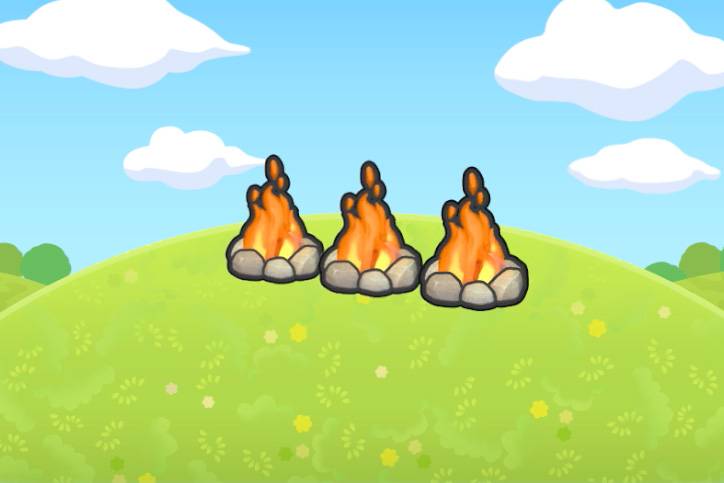 Three lit campfires in a row in Pokopia.