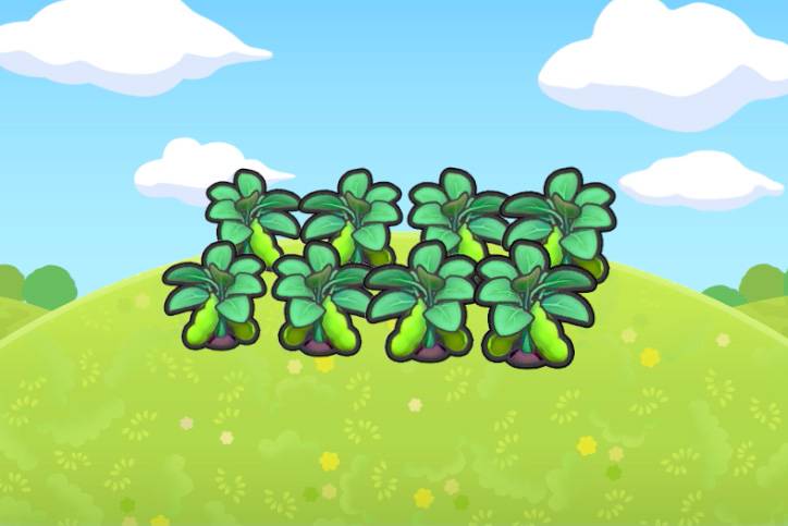 Eight bean plants in two rows in Pokopia.