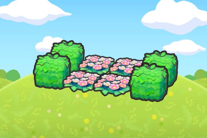 Four hedges surrounded four flowers in Pokopia.