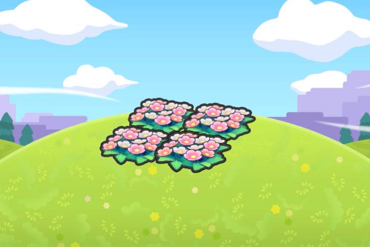 Four flower patches on a hill in Pokopia.