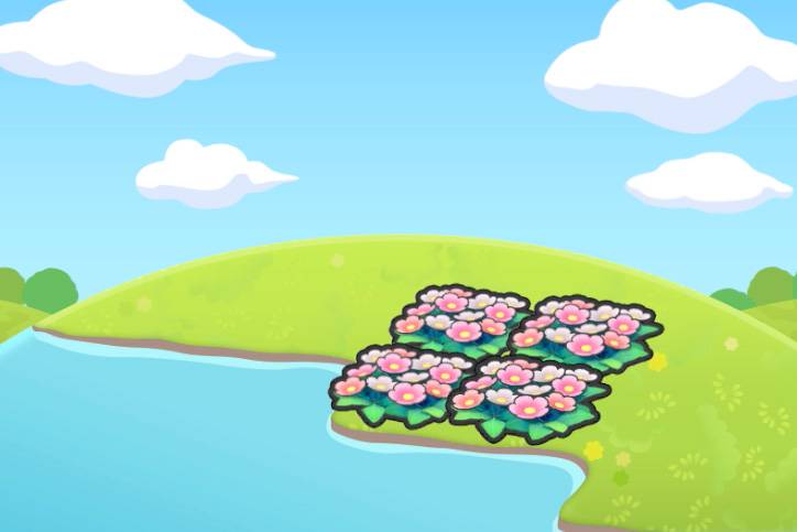 Four flower patches next to water in Pokopia.