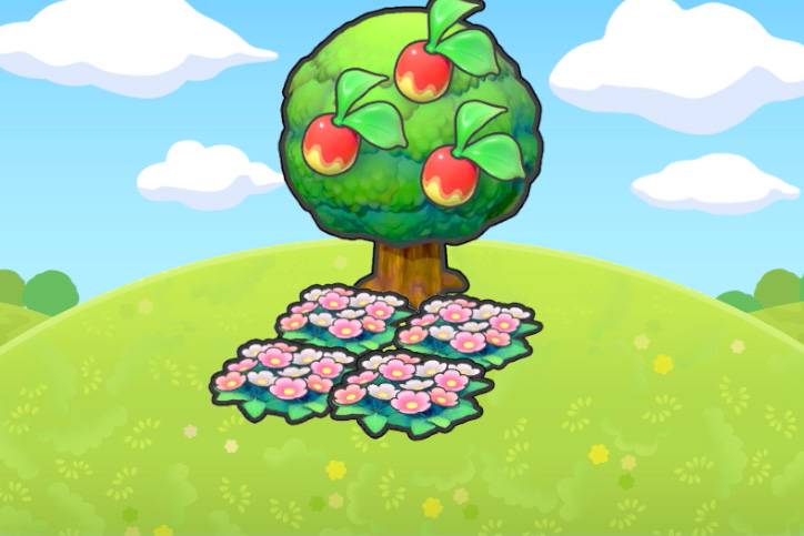 A Leppa Berry tree overlooking some flowers in Pokopia.