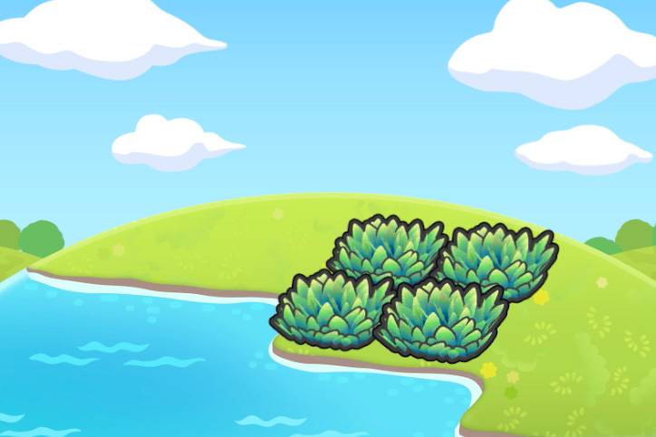Four tiles of grass next to ocean water in Pokopia.