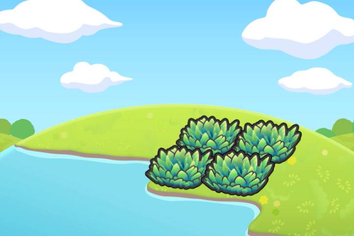 Four tiles of grass next to water in Pokopia.