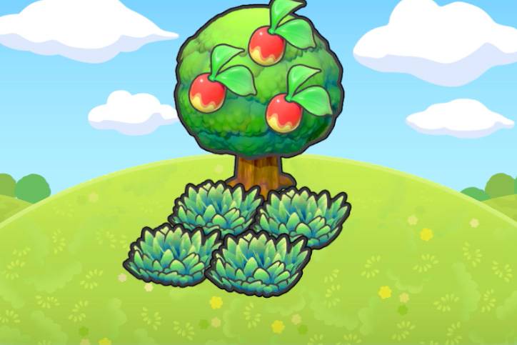 A Leppa Berry tree over four tiles of grass in Pokopia.