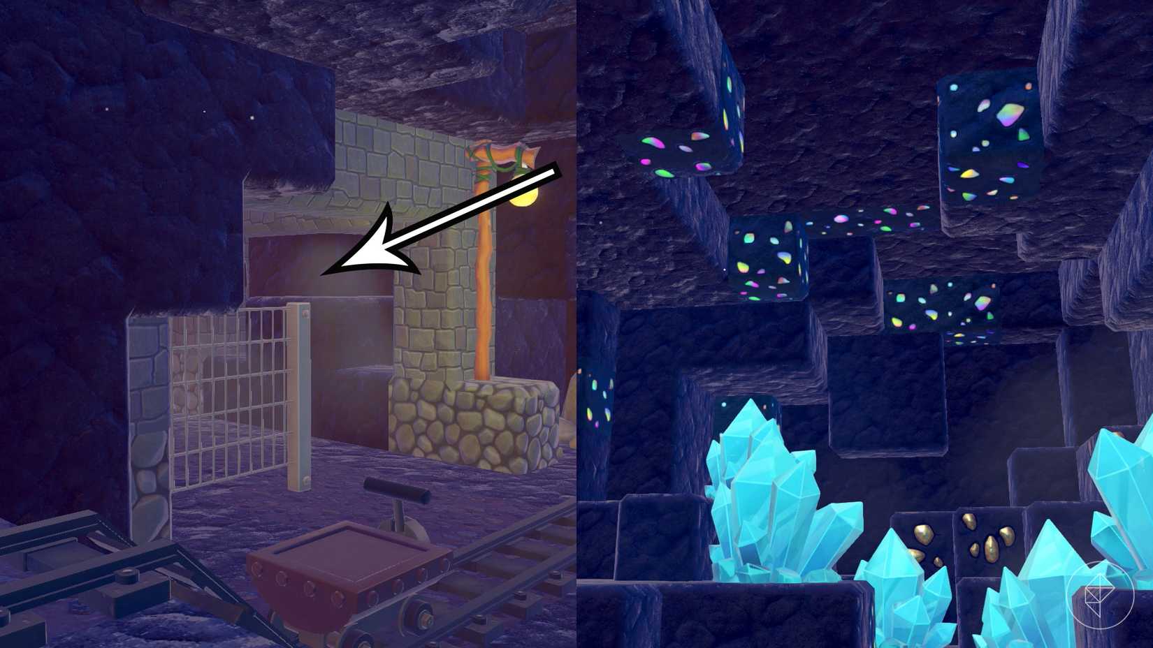 An arrow points past a metal fence towards some rainbow-colored rocks in Pokémon Pokopia