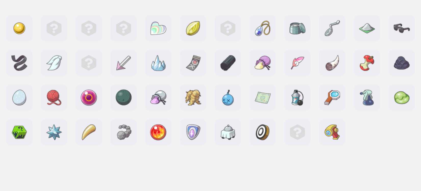 A menu showing all the small lost relics in Pokémon Pokopia.