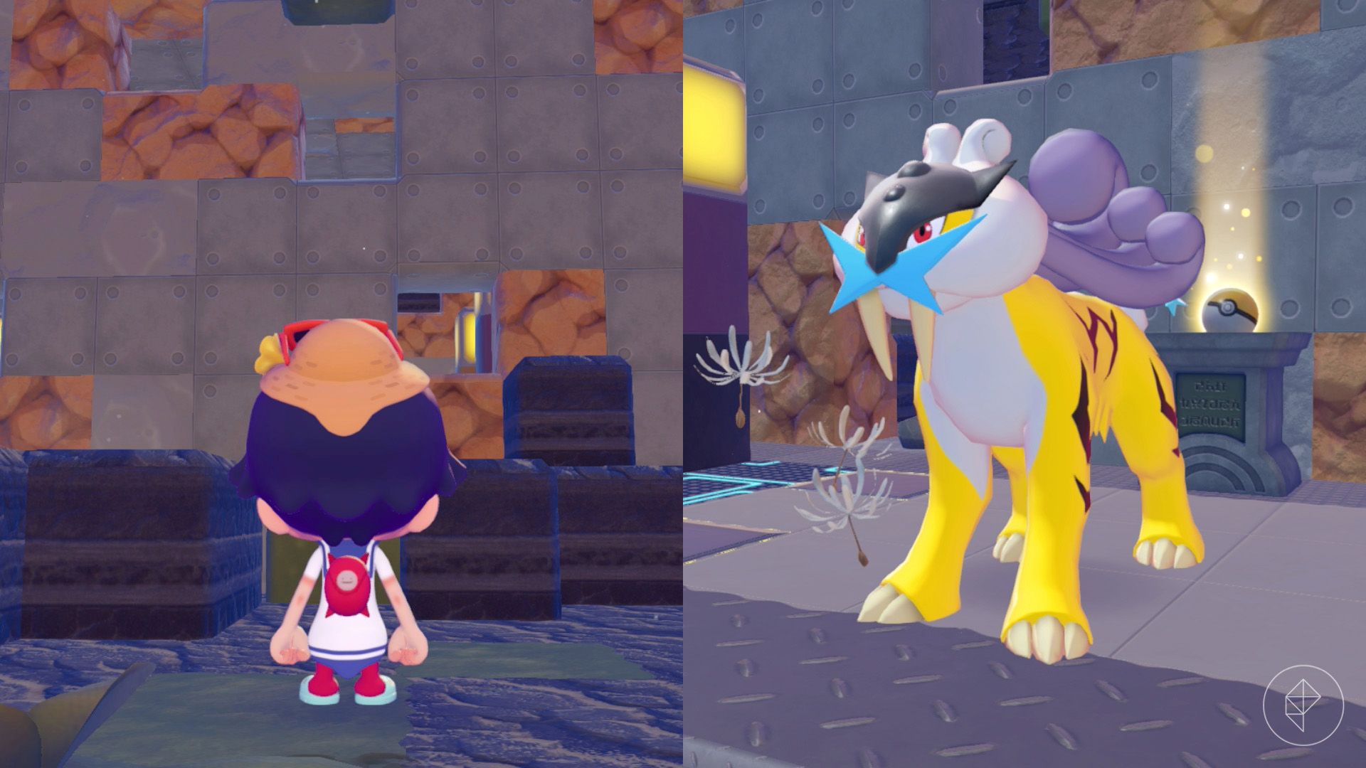 Raikou, as he appears in a room made of metal blocks, in Pokopia