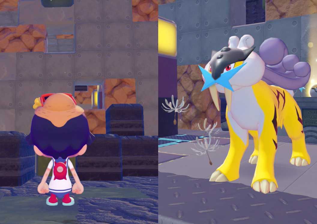 Raikou, as he appears in a room made of metal blocks, in Pokopia