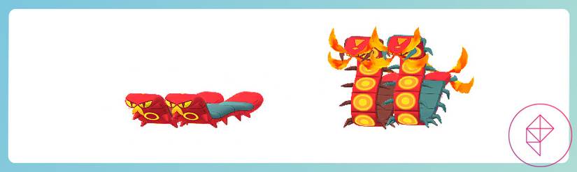 Shiny Sizzlipede and Centiskorch with their regular forms in Pokémon Go. Both shinies get blue-green backs.