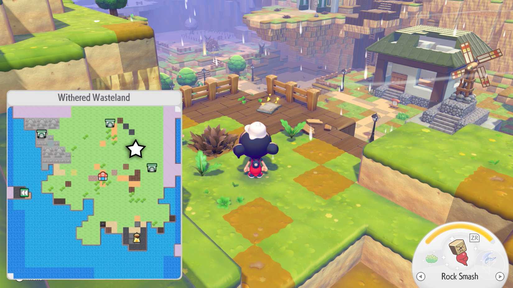 A glowing book on a wooden plank ledge overseeing a small town in Pokopia.