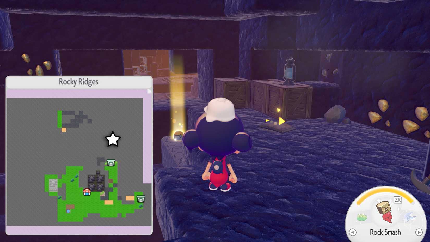 A Ditto approaches a glowing book on the floor of mines in Pokopia