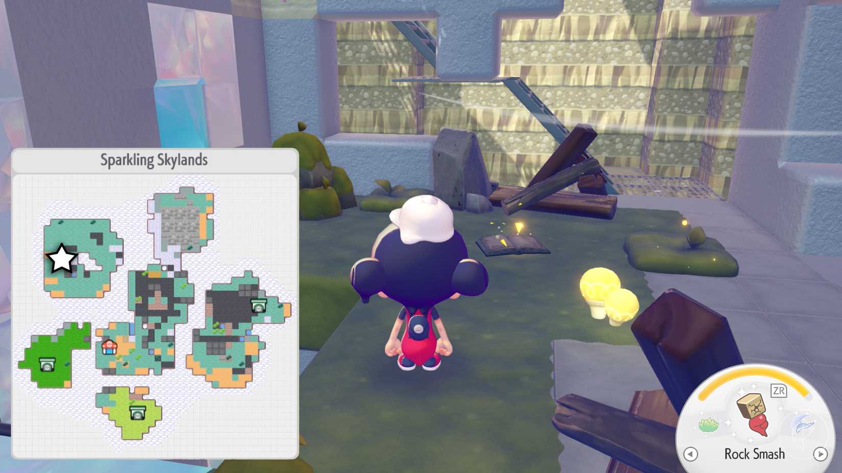 A Ditto stands in front of a glowing book in a scrapped building in Pokopia