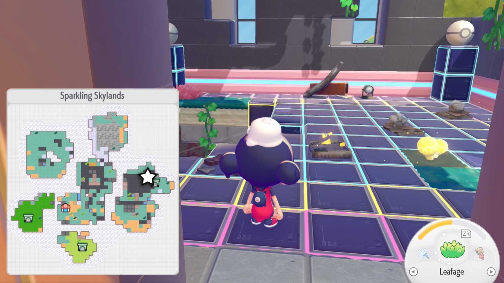 A glowing newspaper on the ground of a Pokémon gym in Pokopia