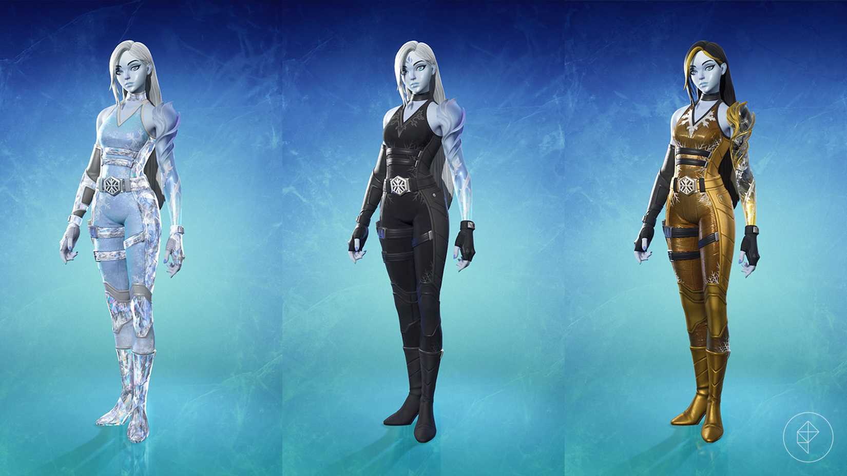 Lady Windfrost, a light blue skinned Fortnite outfit with long hair and a shiny jumpsuit, along with its alternate outfits.