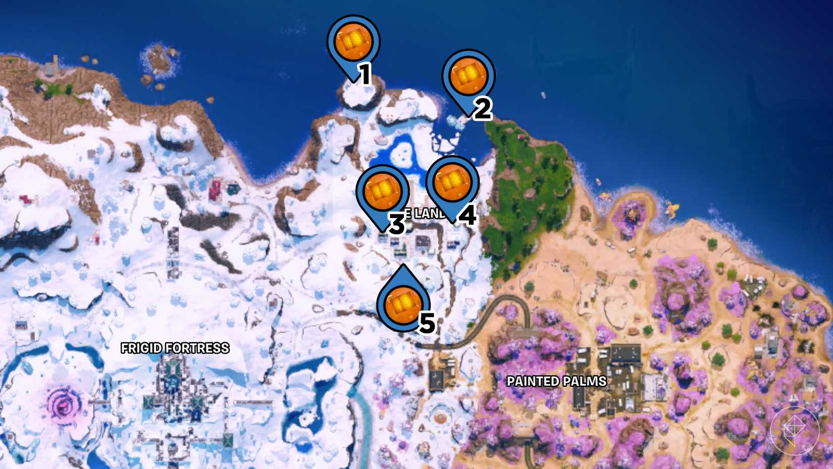 Latte Landing on the Fortnite map with the pins marking the locations of chaos cubes.